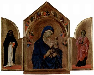 London triptych, Madonna with the main table in tympanum angels and prophets, St. Dominic left wing, right wing of St. Agnes